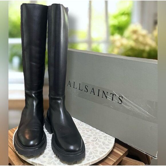 AllSaints Maeve Black Leather Knee High Boots Lug Sole Stretch Panel US 11 EU 41 - Picture 6 of 16